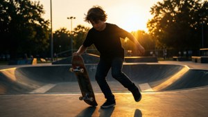 Μια σιλουέτα ενός skateboarder κόντρα σε έναν ζωντανό ουρανό κατά τη δύση του ηλίου.